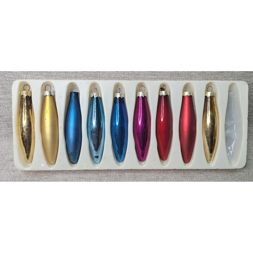 Vintage Glass Christmas Ornaments Teardrop Torpedo Jewel Tone Mixed Set of 9